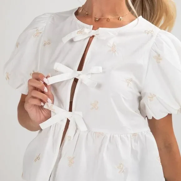 Very J White Puff Sleeve Blouse with Bow Accents - Picture 3 of 7